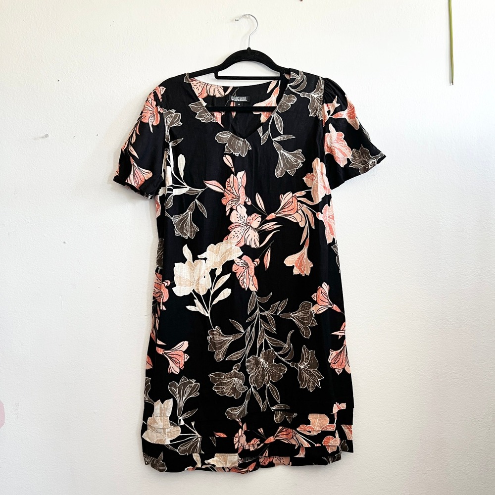 Nicole Miller Original Black Floral Linen Dress Classic Coastal Boho Medium